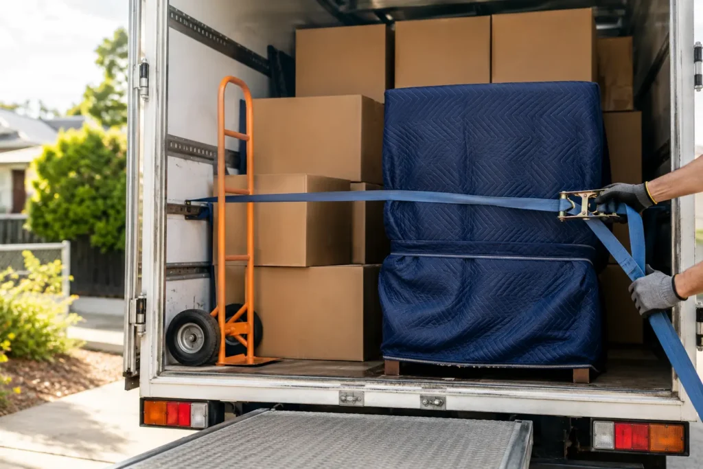 Furniture and moving boxes secured inside a removal truck for a Gold Coast move