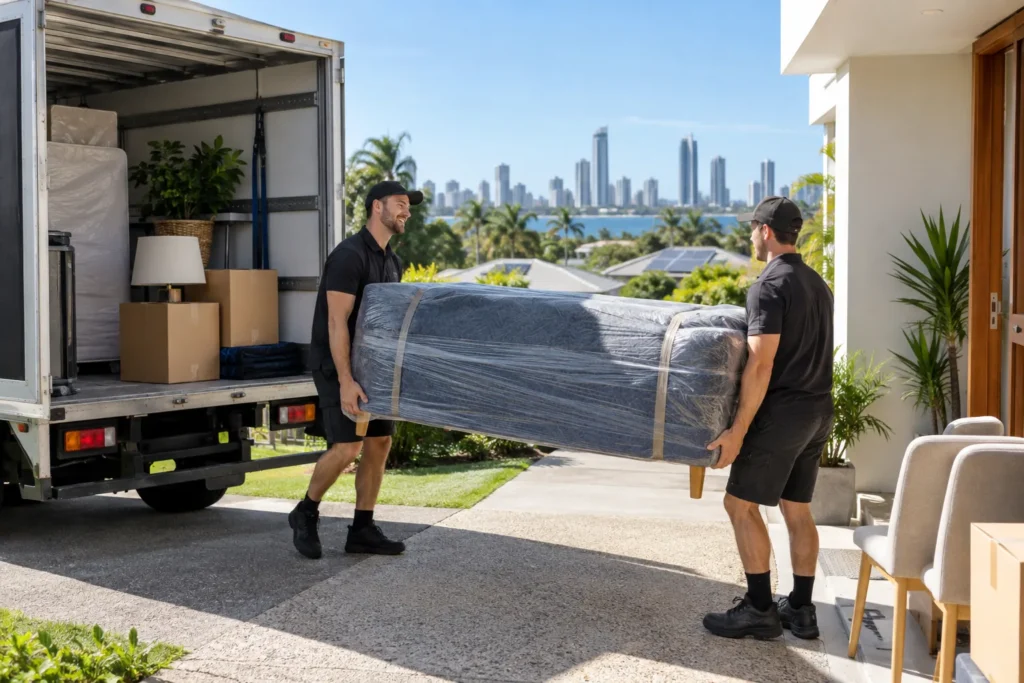 Gold Coast furniture removalists carrying a wrapped sofa for a small home move