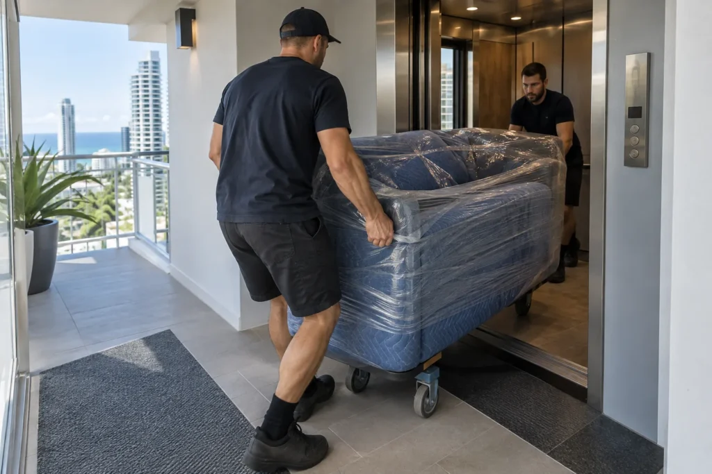 Gold Coast furniture removalists moving a wrapped sofa through an apartment lift