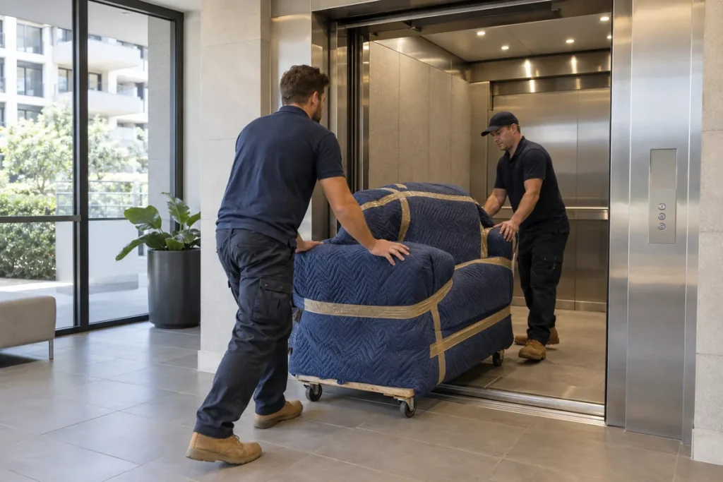 Removalists guiding padded furniture through an apartment lift lobby
