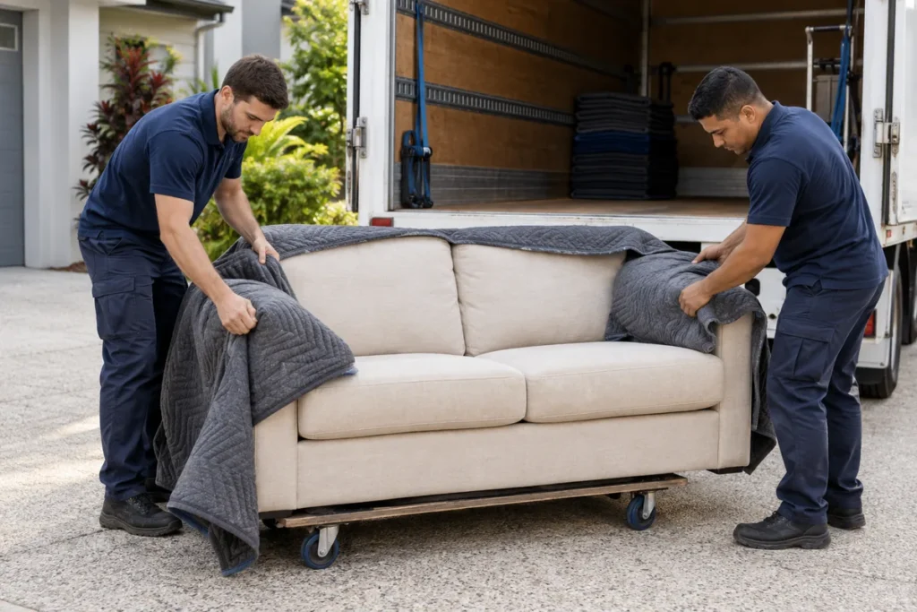 Removalists preparing a protected sofa beside an open furniture truck