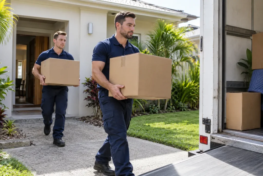 Removalists carrying household cartons outside a Queensland home