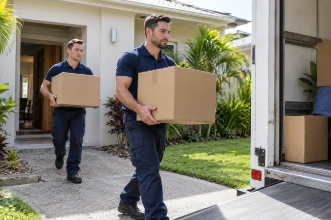 Removalists carrying household cartons outside a Queensland home