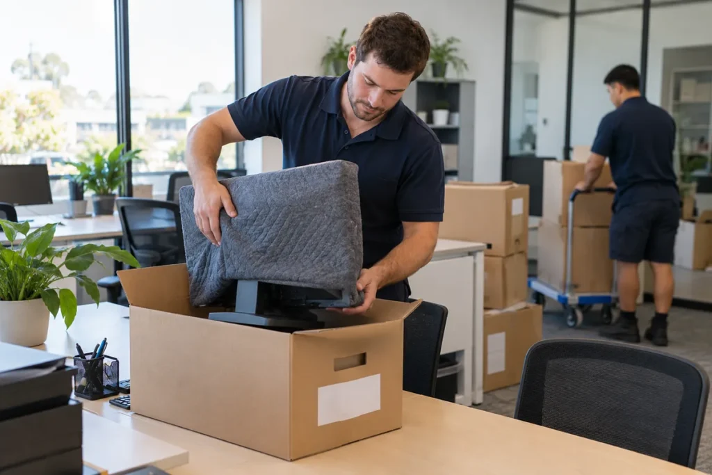 Office furniture and protected equipment prepared for a business relocation