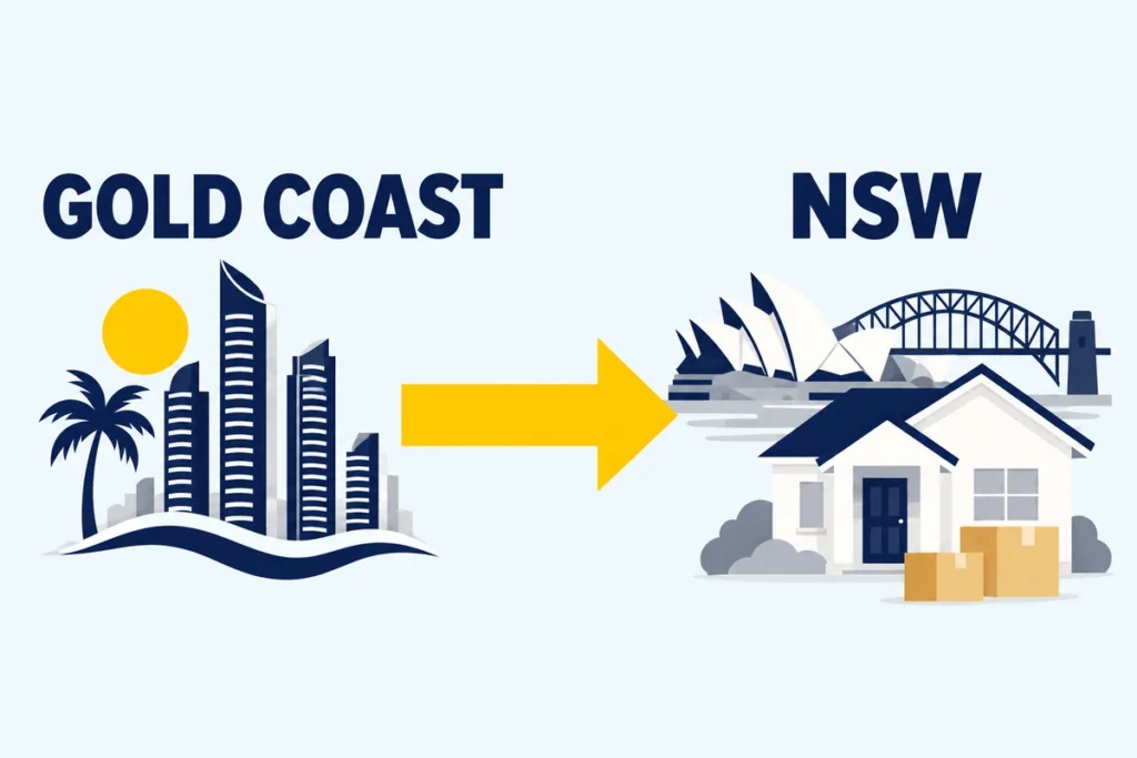 Illustration showing a move from the Gold Coast to a New South Wales home, with Sydney landmarks in the background