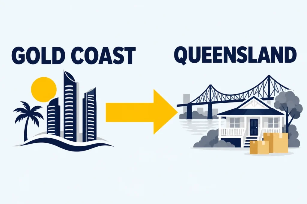 Illustration showing a move from the Gold Coast to a Queensland home, with a Brisbane bridge in the background