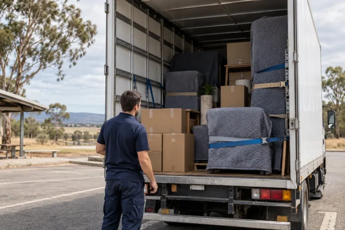 Secured household furniture and cartons inside a long-distance removal truck