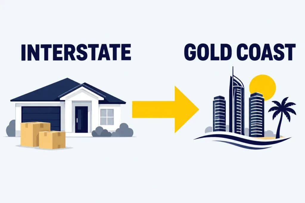 Illustration showing an interstate move to a new home on the Gold Coast