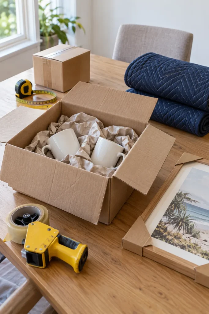 Packing paper, household mugs, a protected picture frame and moving materials on a table