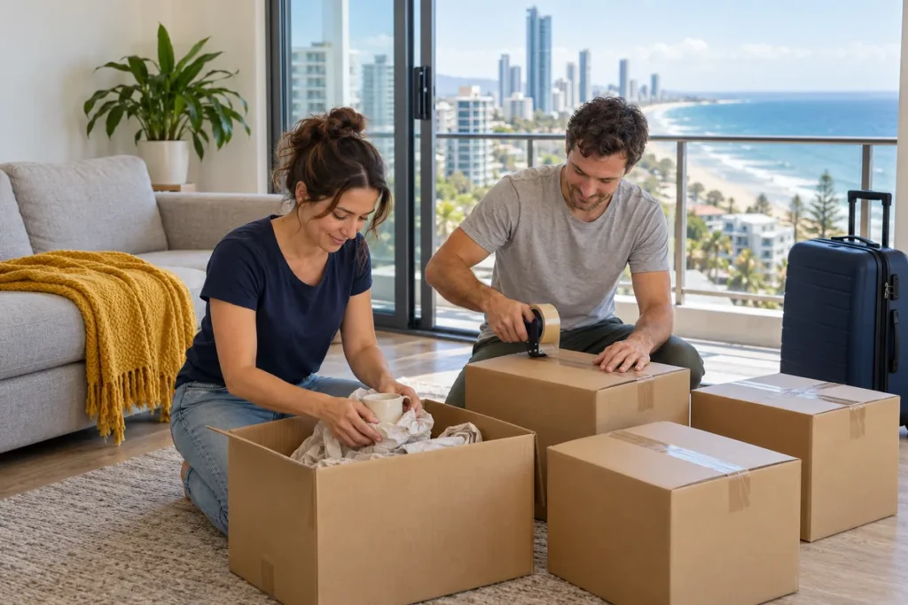 Couple packing household belongings in a Gold Coast apartment before moving interstate