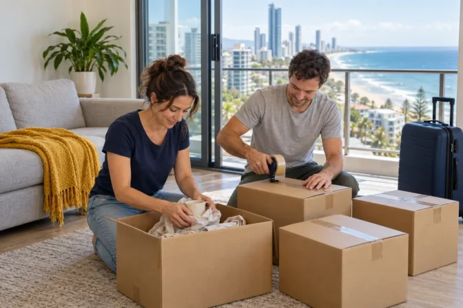 Couple packing household belongings in a Gold Coast apartment before moving interstate